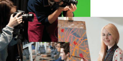 Collage made up of three photos depicting students engaged in photography, art, and IT.